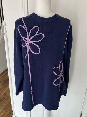 KOOS Navy Crewneck Sweater, Big Pink / Lavender Ribbon Flowers, XL, EUC